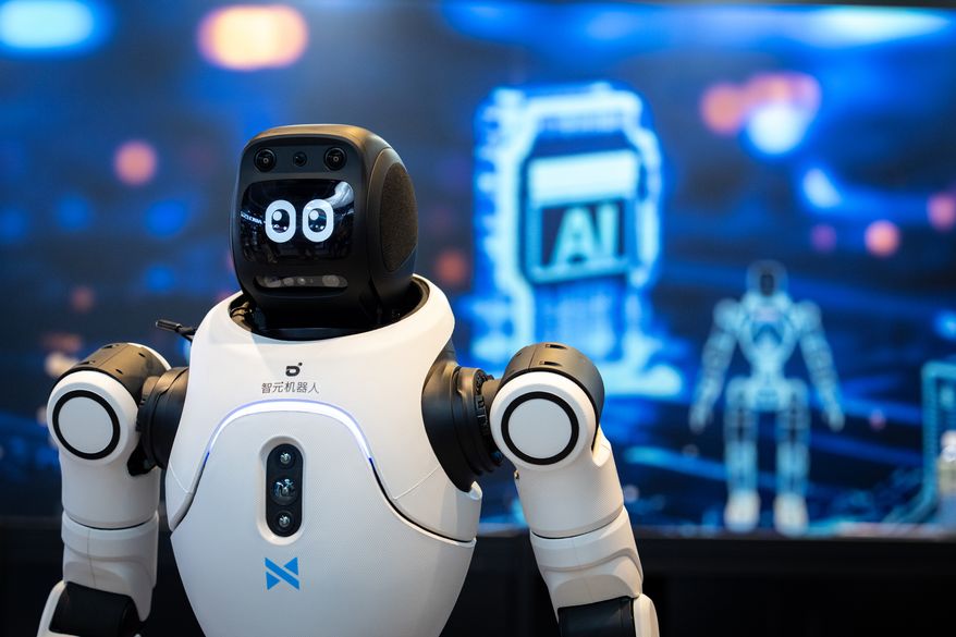 A humanoid robot manufactured by Novautek showcased at an exhibition in Hong Kong on Monday, April 13, 2026. (AP Photo/ Chan Long Hei)