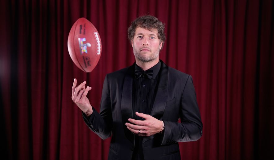 FILE - Los Angeles, Rams' Matthew Stafford poses after winning the AP Most Valuable Player award during the NFL Honors award show in San Francisco, Feb. 5, 2026. (AP Photo/Matt York, File)