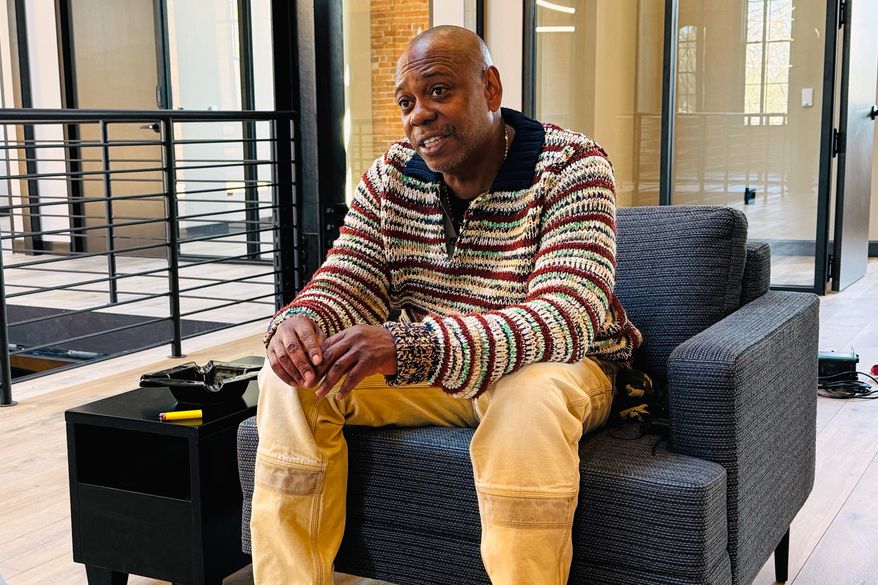 Comedian Dave Chappelle appears during an interview in Yellow Springs, Ohio on April 8, 2026. (AP Photo/Patrick Aftoora-Orsagos)