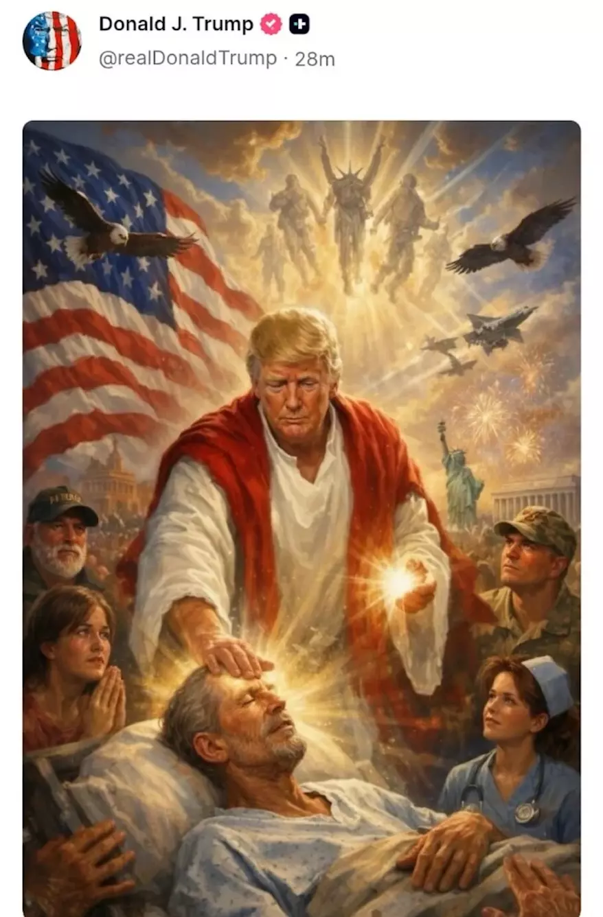 This AI-generated image posted — and later deleted — by President Trump on Truth Social shows him in the robes of Jesus Christ, healing a sick man while surrounded by eagles, soldiers and the American flag. The post drew swift condemnation from conservatives who called it "blasphemy."