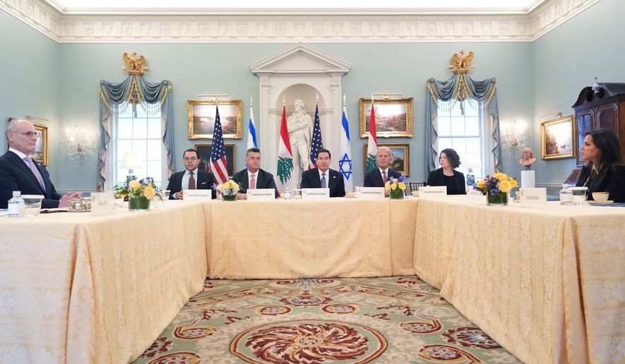 Secretary of State Marco Rubio, center, meets with Israeli Ambassador to the U.S. Yechiel Leiter, far left, and Lebanese Ambassador to the U.S. Nada Hamadeh Moawad, far right, at the State Department in Washington, Tuesday, April 14, 2026. (AP Photo/Jacquelyn Martin)