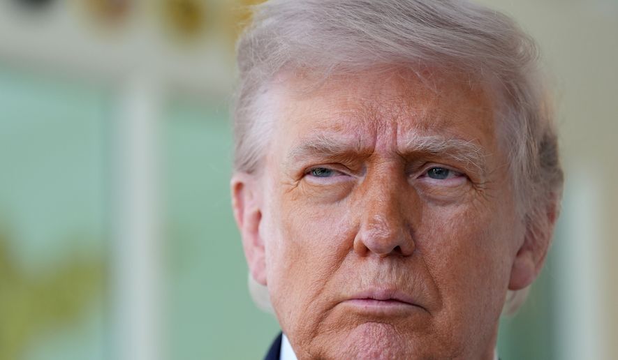 President Donald Trump speaks outside the Oval Office of the White House, Monday, April 13, 2026, in Washington. (AP Photo/Alex Brandon)