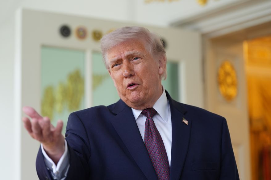 President Donald Trump speaks outside the Oval Office of the White House, Monday, April 13, 2026, in Washington. (AP Photo/Alex Brandon) **FILE**