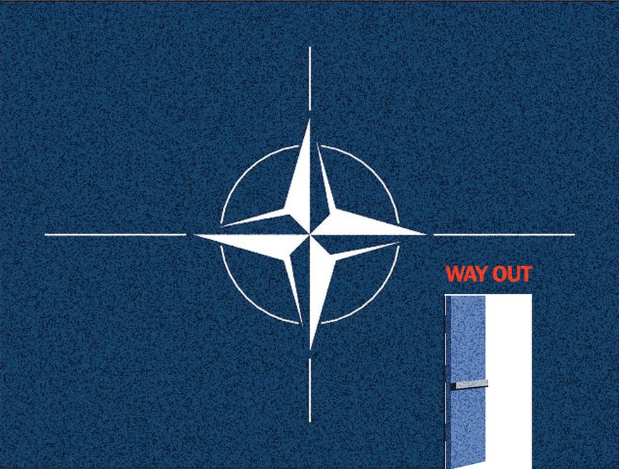 The United States of America leaving NATO illustration by Alexander Hunter/The Washington Times
