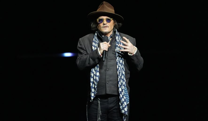 Johnny Depp, a cast member in the upcoming film "Ebenezer: A Christmas Carol," speaks during the Paramount Pictures presentation at CinemaCon on Thursday, April 16, 2026, at Caesars Palace in Las Vegas. (AP Photo/Chris Pizzello)