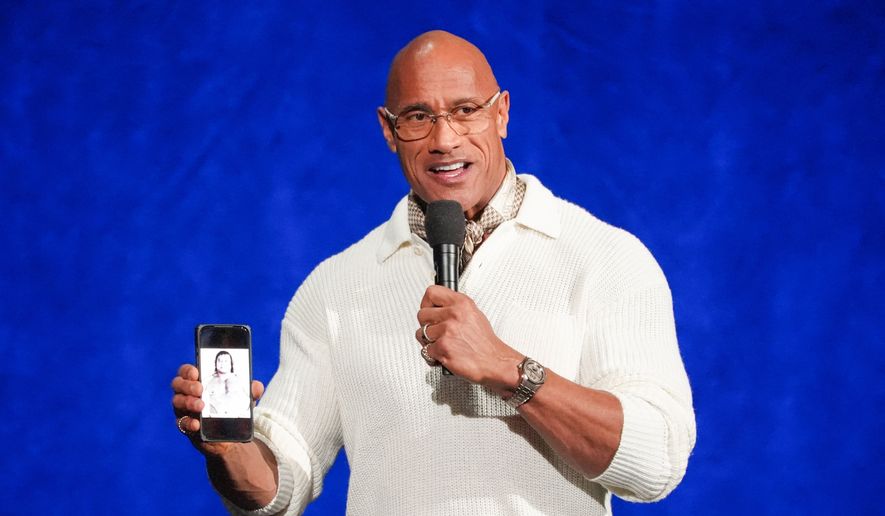 Dwayne Johnson, cast member of the upcoming film "Moana," speaks during the Walt Disney Studios presentation at CinemaCon on Thursday, April 16, 2026, at Caesars Palace in Las Vegas. (AP Photo/Chris Pizzello)