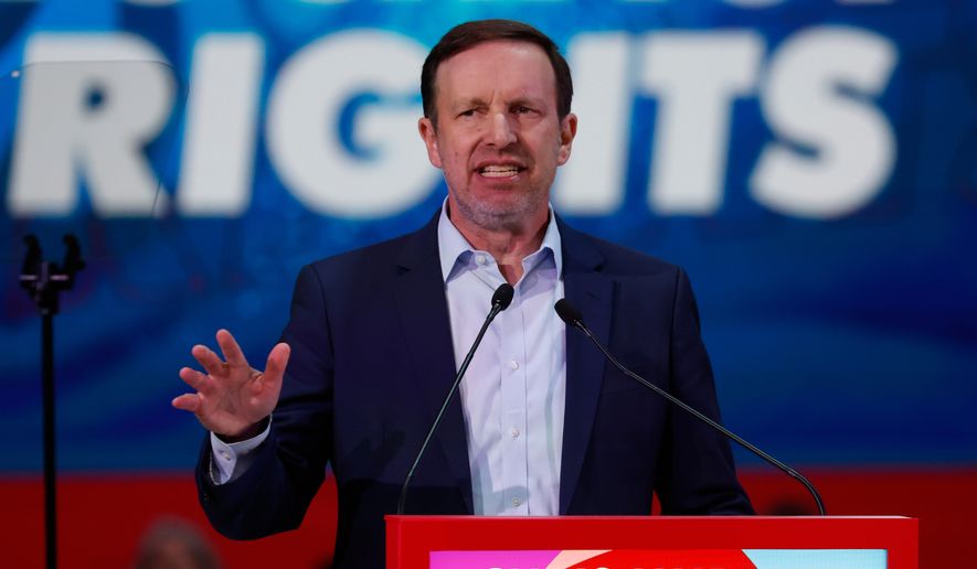 U.S. Sen. Chris Murphy, D-Conn., delivers a speech at the Global Progressive Mobilisation summit in Barcelona, Spain, Saturday, April 18, 2026. (AP Photo/Joan Monfort)