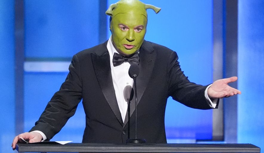 Mike Myers speaks during the 51st AFI Life Achievement Award tribute to Eddie Murphy on Saturday, April 18, 2026, at the Dolby Theatre in Los Angeles. (AP Photo/Chris Pizzello)