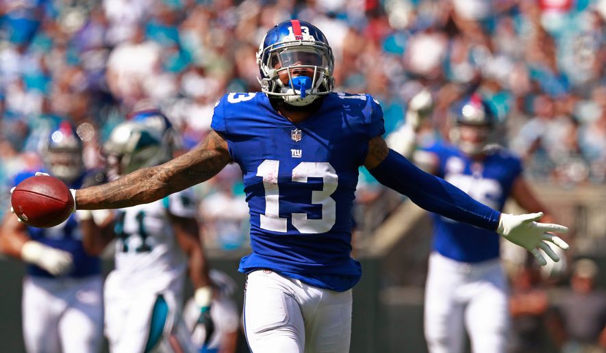 New York Giants' Odell Beckham Jr. celebrates a catch against the Carolina Panthers during the first half of an NFL football game Oct. 7, 2018, in Charlotte, N.C. (AP Photo/Jason E. Miczek) **FILE**