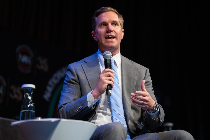 Kentucky Gov. Andy Beshear speaks at the National Action Network (NAN) Convention in New York, Saturday, April 11, 2026. (AP Photo/Angelina Katsanis)