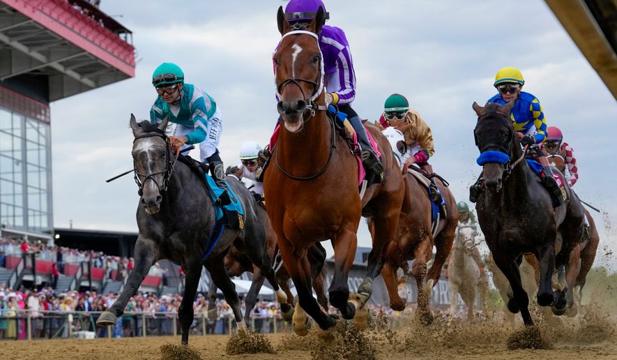 Jockeys compete during the 150th running of the Preakness Stakes horse race on May 17, 2025, at Pimlico Race Course in Baltimore. (AP Photo/Stephanie Scarbrough, File)