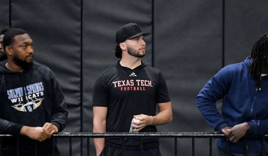 FILE - Texas Tech quarterback Brendan Sorsby watches the school's NFL football pro day, March 26, 2026, in Lubbock, Texas. (AP Photo/Annie Rice)