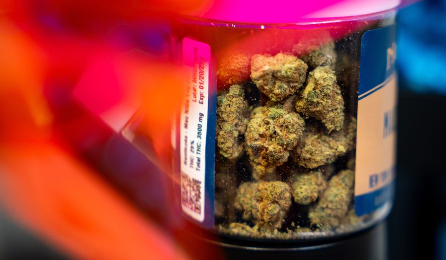 Marijuana products are displayed at Housing Works Cannabis Co., Thursday, April 23, 2026, in New York. (AP Photo/Angelina Katsanis)