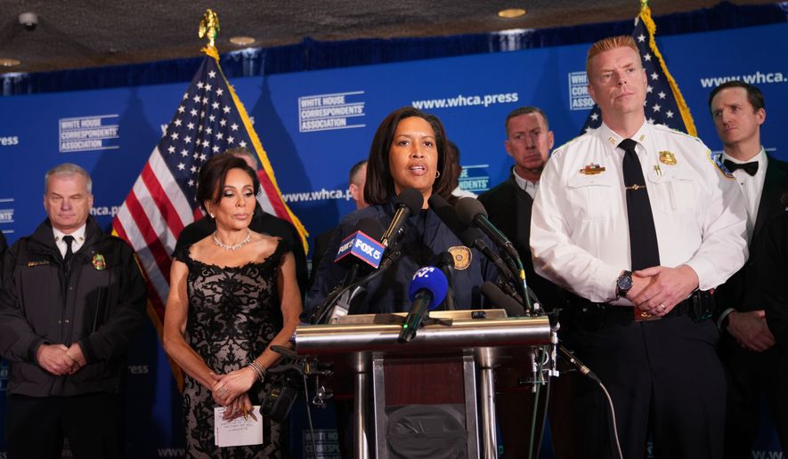 District of Columbia Mayor Muriel Bowser speaks at a press conference following a shooting at the White House Correspondents' Association Dinner in Washington, Saturday, April 25, 2026. (AP Photo/Allison Robbert)