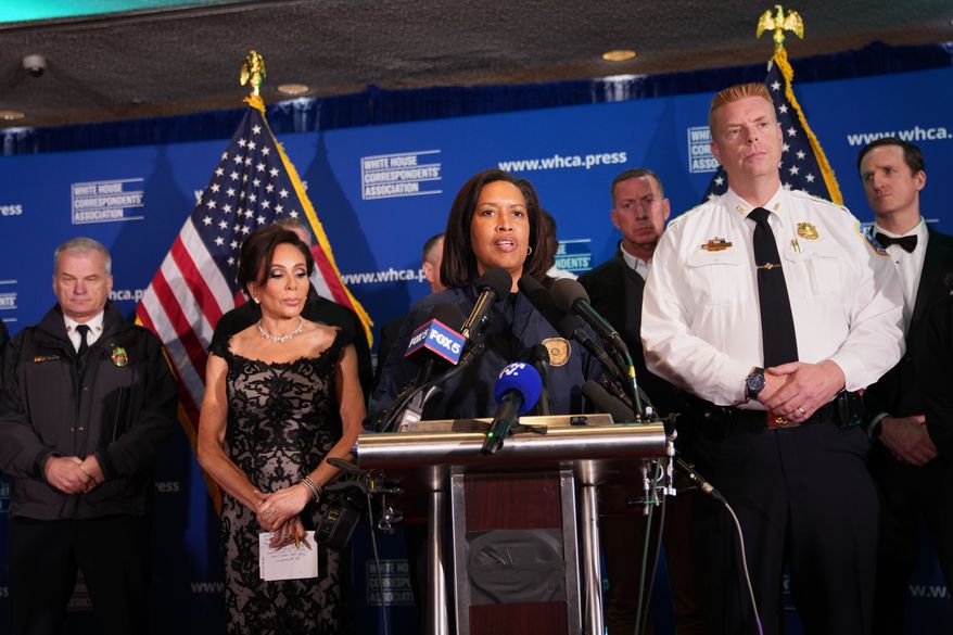 District of Columbia Mayor Muriel Bowser speaks at a press conference following a shooting at the White House Correspondents' Association Dinner in Washington, Saturday, April 25, 2026. (AP Photo/Allison Robbert)