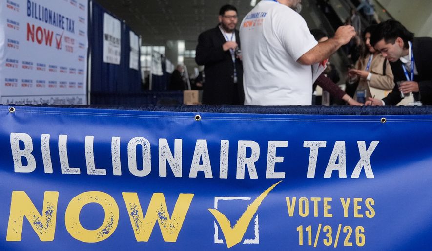 People visit the Billionaire Tax Now booth at the 2026 California Democratic Party State Convention in San Francisco, Feb. 21, 2026. (AP Photo/Jeff Chiu, File)
