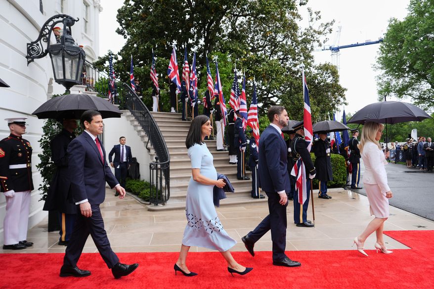 Secretary of State Marco Rubio, from left, second lady Usha Vance and Vice President J.D. Vance arrive with others at an arrival ceremony on the South Lawn of the White House, Tuesday, April 28, 2026, in Washington. (AP Photo/Julia Demaree Nikhinson)