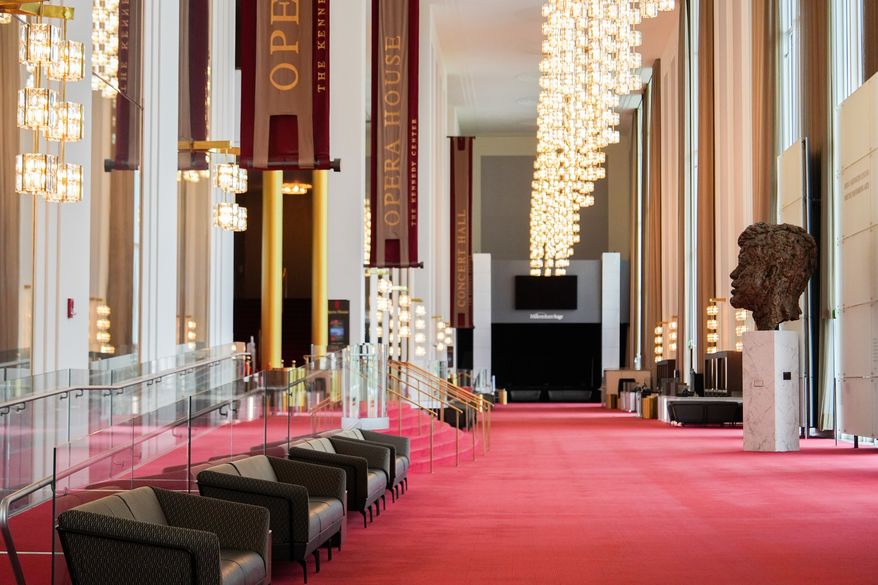 An 8-foot-tall bronze bust of President John F. Kennedy is seen in the Grand Foyer of the John F. Kennedy Center for the Performing Arts on Wednesday, April 22, 2026, in Washington. (AP Photo/Julia Demaree Nikhinson) ** FILE **