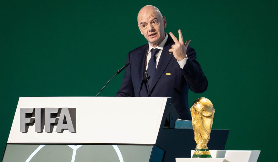 FIFA President Gianni Infantino speaks during the 76th FIFA Congress in Vancouver, British Columbia, Thursday, April 30, 2026. (Ethan Cairns/The Canadian Press via AP)