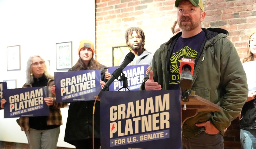 Graham Platner, Democratic candidate for U.S. Senate, speaks at a news conference Thursday, April 30, 2026, in Lewiston, Maine. (AP Photo/Robert F. Bukaty)