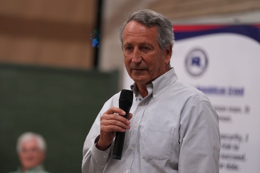 Mark Sanford, former congressman and South Carolina governor, speaks to voters he campaigns for his former U.S. House seat at a Dorchester County GOP event Thursday, April 9, 2026, in Summerville, S.C. (AP Photo/Meg Kinnard) ** FILE **