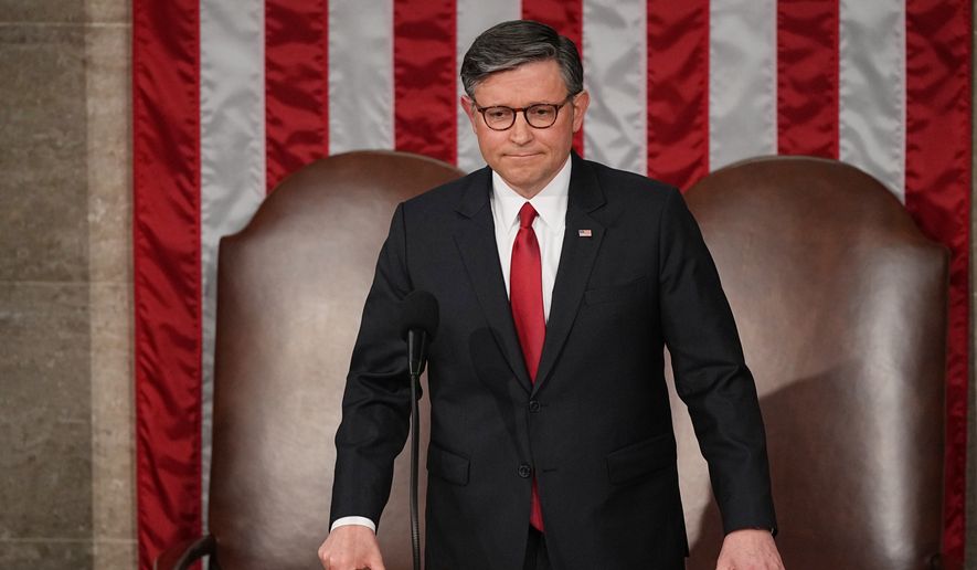House Speaker Mike Johnson of La., watches before Britain's King Charles III arrives to speak to a joint meeting of Congress in the House Chamber at the U.S. Capitol, Tuesday, April 28, 2026, in Washington. (AP Photo/Matt Rourke) ** FILE **