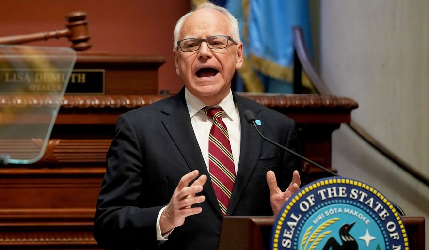 Minnesota Gov. Tim Walz delivers the final State of the State speech of his term before a joint session of the state legislature in the house chambers at the State Capitol in St. Paul, Minn., Tuesday, April 28, 2026.. (Jeff Wheeler/Minnesota Star Tribune via AP)