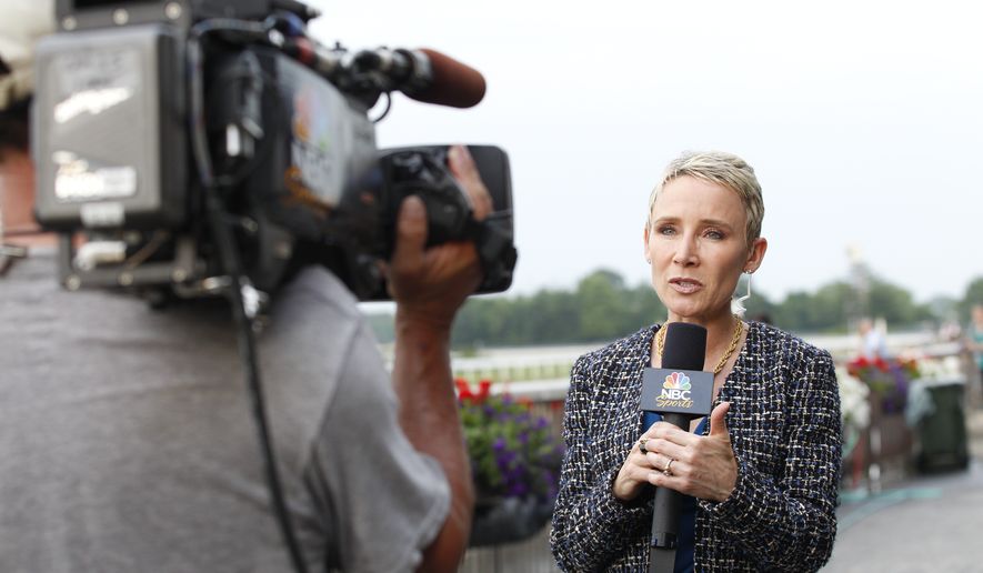 Donna Brothers speaks during a feature for NBC Sports before the Belmont Derby horse race at Belmont Park in Elmont, N.Y., in 2012. (Michael Cohen/NBC via AP)