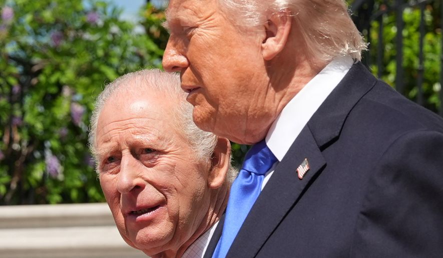 President Donald Trump walks with Britain's King Charles III during the departure on the South Lawn of the White House, Thursday, April 30, 2026, in Washington. (AP Photo/Alex Brandon)