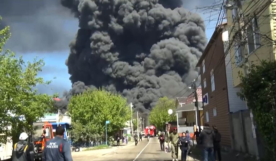 In this image taken from video released by Gov. Veniamin Kondratyev's Telegram channel, smoke rises after a drone attack on the oil refinery and terminal in Tuapse, Russia, Wednesday, April 29, 2026. (Gov. Veniamin Kondratyev Telegram channel via AP, File)