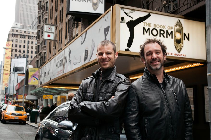 In this March 16, 2011 photo, Trey Parker, right, and Matt Stone, co-creators of the Broadway show "The Book of Mormon," pose for a portrait outside the Eugene O'Neill Theatre in New York. (AP Photo/Victoria Will, file)
