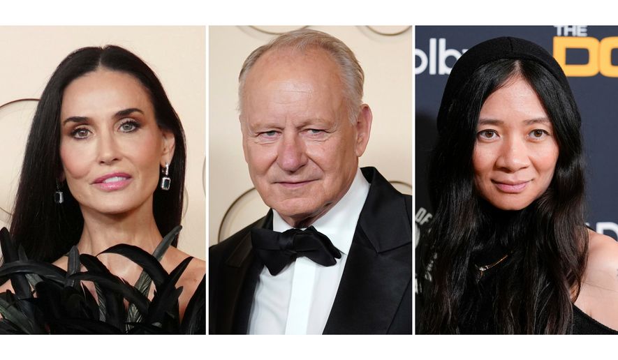 This combination of images show actor Demi Moore, left, actor Stellan Skarsgård, center, and filmmaker Chloé Zhao. (AP Photo)