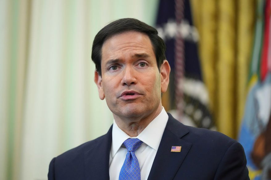 Secretary of State Marco Rubio speaks during a meeting between the ambassadors of Israel and Lebanon in the Oval Office at the White House, Thursday, April 23, 2026, in Washington. (AP Photo/Mark Schiefelbein) ** FILE **