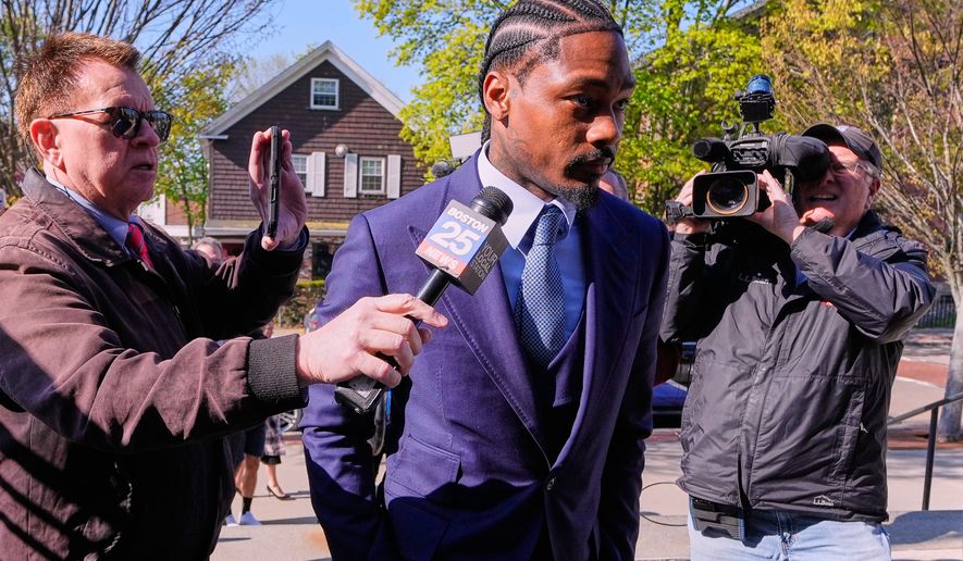 Former New England Patriots wide receiver Stefon Diggs arrives at Norfolk County District Court, Monday, May 4, 2026, in Dedham, Mass. (AP Photo/Charles Krupa)