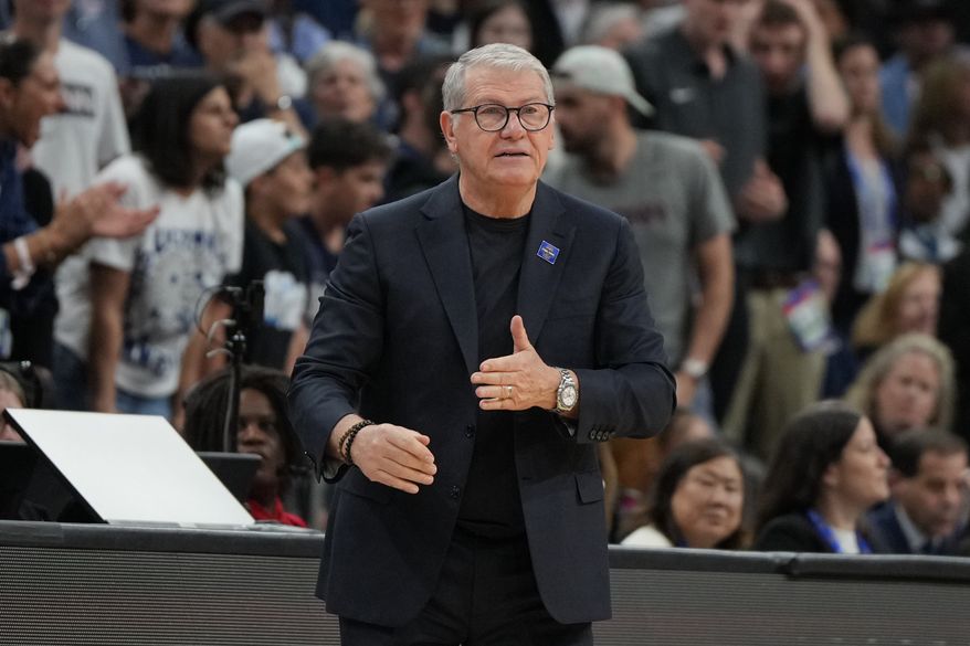 FILE - UConn head coach Geno Auriemma against South Carolina during the first half of a woman's NCAA college basketball tournament semifinal game at the Final Four, April 3, 2026, in Phoenix. (AP Photo/Rick Scuteri, file)