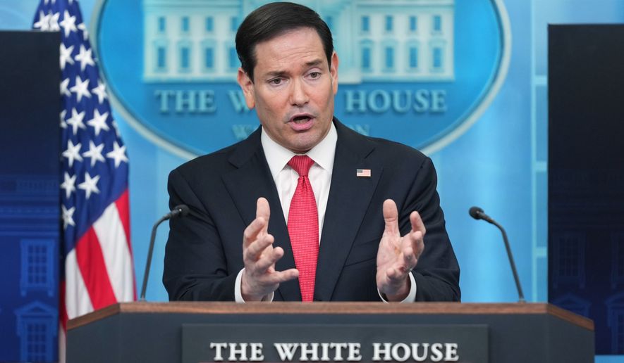 Secretary of State Marco Rubio speaks during a press briefing in the James Brady Press Briefing Room at the White House in Washington, Tuesday, May 5, 2026. (AP Photo/Mark Schiefelbein)