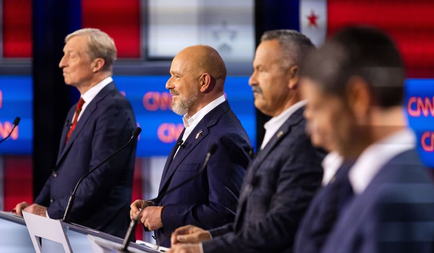 From left to right, Tom Steyer, Steve Hilton, Chad Bianco and Matt Mahan participate in a California gubernatorial debate hosted by CNN at East Los Angeles College in Monterey Park, Calif. Tuesday, May 5, 2026. (AP Photo/Ethan Swope)