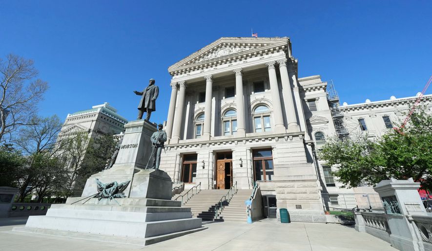 A general exterior view of the Indiana Statehouse in Indianapolis, April 23, 2025. (AP Photo/AJ Mast, File)