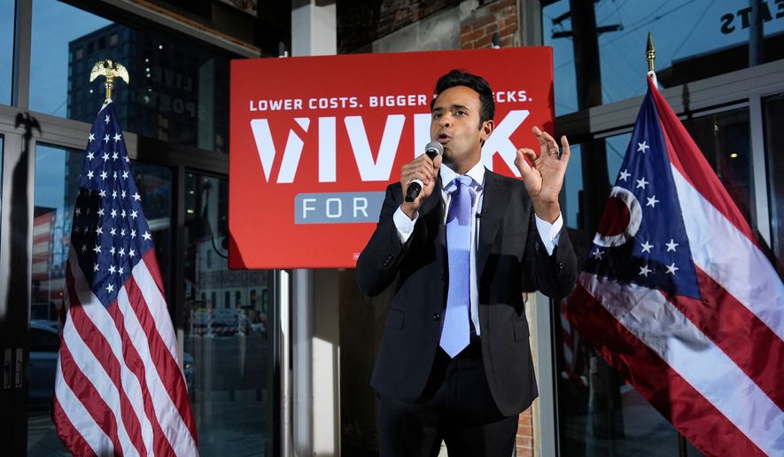 Republican Ohio gubernatorial candidate Vivek speaks during a watch party at the Spruce St. Sporting sports bar after winning the party's nomination for governor Tuesday, May 5, 2026, in Columbus. (AP Photo/Carolyn Kaster)