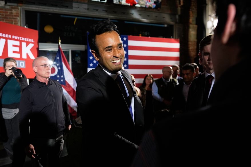 Republican Ohio gubernatorial candidate Vivek greets supporters during a watch party at the Spruce St. Sporting sports bar after winning the party's nomination for governor Tuesday, May 5, 2026, in Columbus. (AP Photo/Carolyn Kaster)