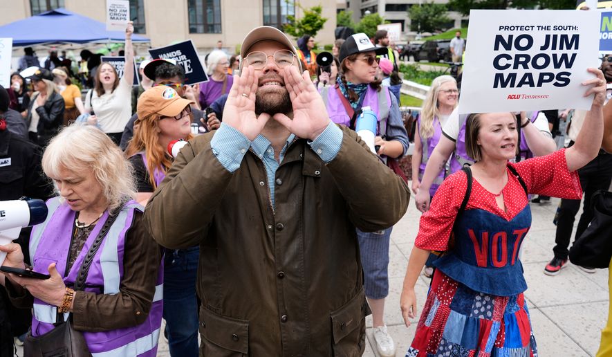 Charles Uffelman yells during a rally against the special session of the state legislature to redraw U.S. Congressional voting maps Tuesday, May 5, 2026, in Nashville, Tenn. (AP Photo/George Walker IV)