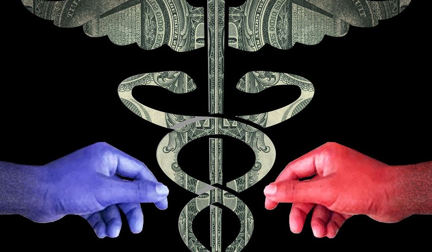 Republicans and Democrats's plans for healthcare reform illustration by Alexander Hunter/The Washington Times