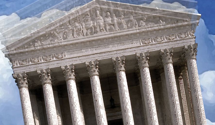 The Supreme Court and the D.C. Court of Appeals illustration by Alexander Hunter/The Washington Times