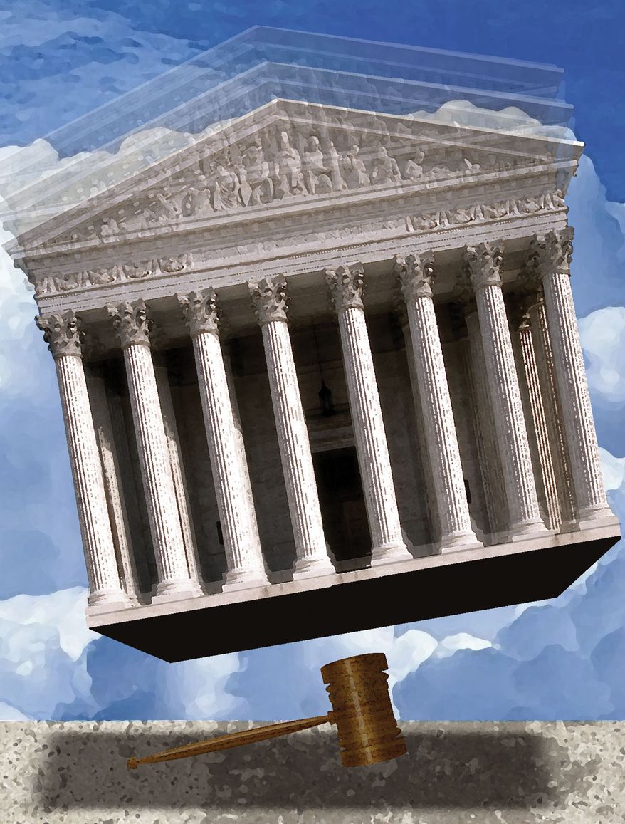 The Supreme Court and the D.C. Court of Appeals illustration by Alexander Hunter/The Washington Times