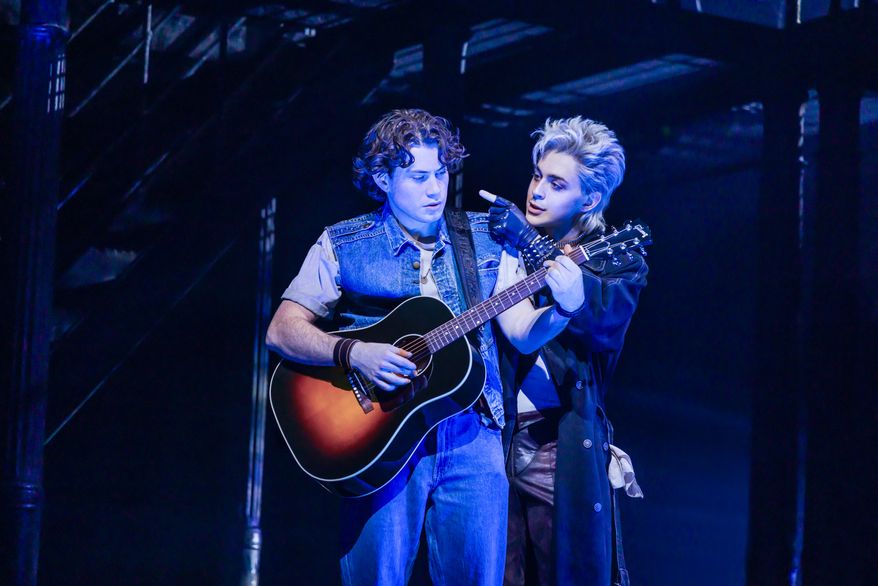 L.J. Benet, left, and Ali Louis Bourzgui appear during a performance of "The Lost Boys" in New York on March 26, 2026. (Matthew Murphy via AP)