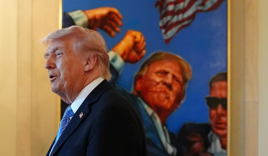 President Donald Trump talks with small business owners in the Grand Foyer of the White House, Monday, May 4, 2026, in Washington. (AP Photo/Jacquelyn Martin)