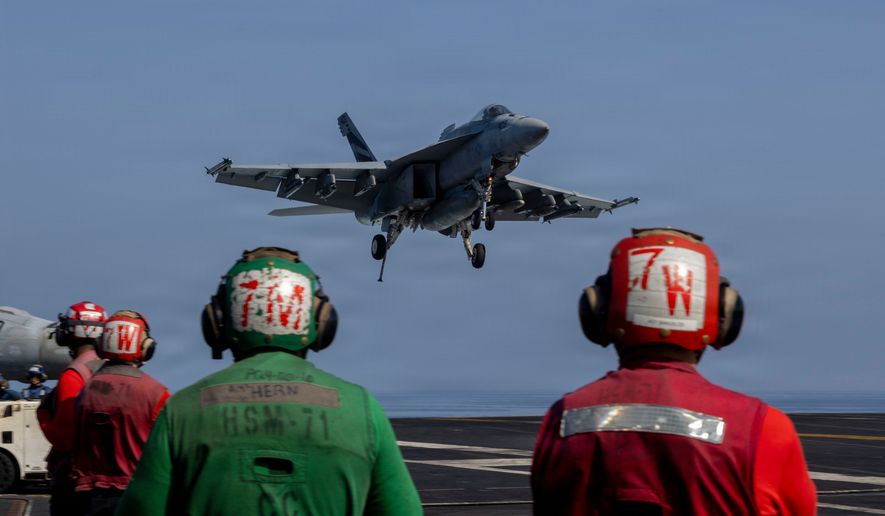This image provided by U.S. Central Command shows a F/A-18E Super Hornet preparing to make an arrested landing the USS Abraham Lincoln (CVN 72) in support of Operation Epic Fury on Monday, March 2, 2026. (U.S. Navy via AP) **FILE**