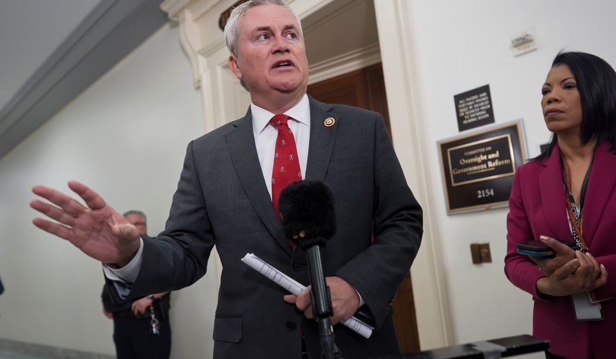 House Oversight Committee Chairman James Comer, R-Ky., speaks to reporters before questioning Commerce Secretary Howard Lutnick as part of the panel's investigation of convicted sex offender Jeffrey Epstein, at the Capitol in Washington, Wednesday, May 6, 2026. (AP Photo/J. Scott Applewhite)