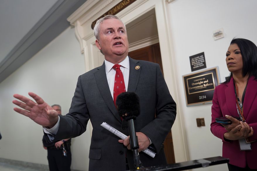 House Oversight Committee Chairman James Comer, R-Ky., speaks to reporters before questioning Commerce Secretary Howard Lutnick as part of the panel's investigation of convicted sex offender Jeffrey Epstein, at the Capitol in Washington, Wednesday, May 6, 2026. (AP Photo/J. Scott Applewhite)
