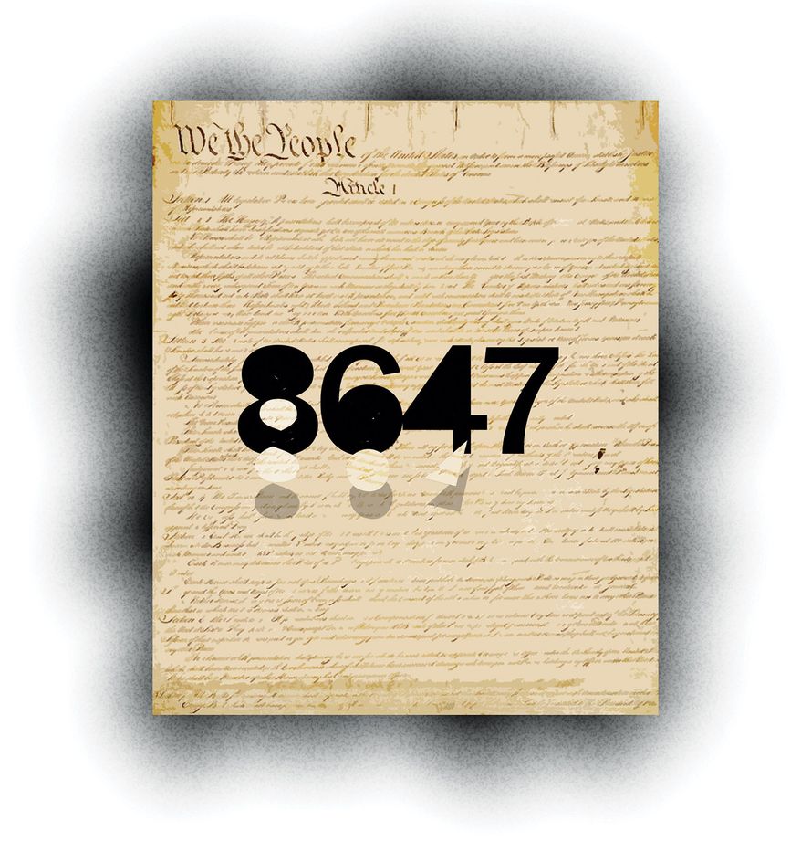 Constitutional right of free speech and James B. Comey "8647" indictment illustration by Alexander Hunter/The Washington Times